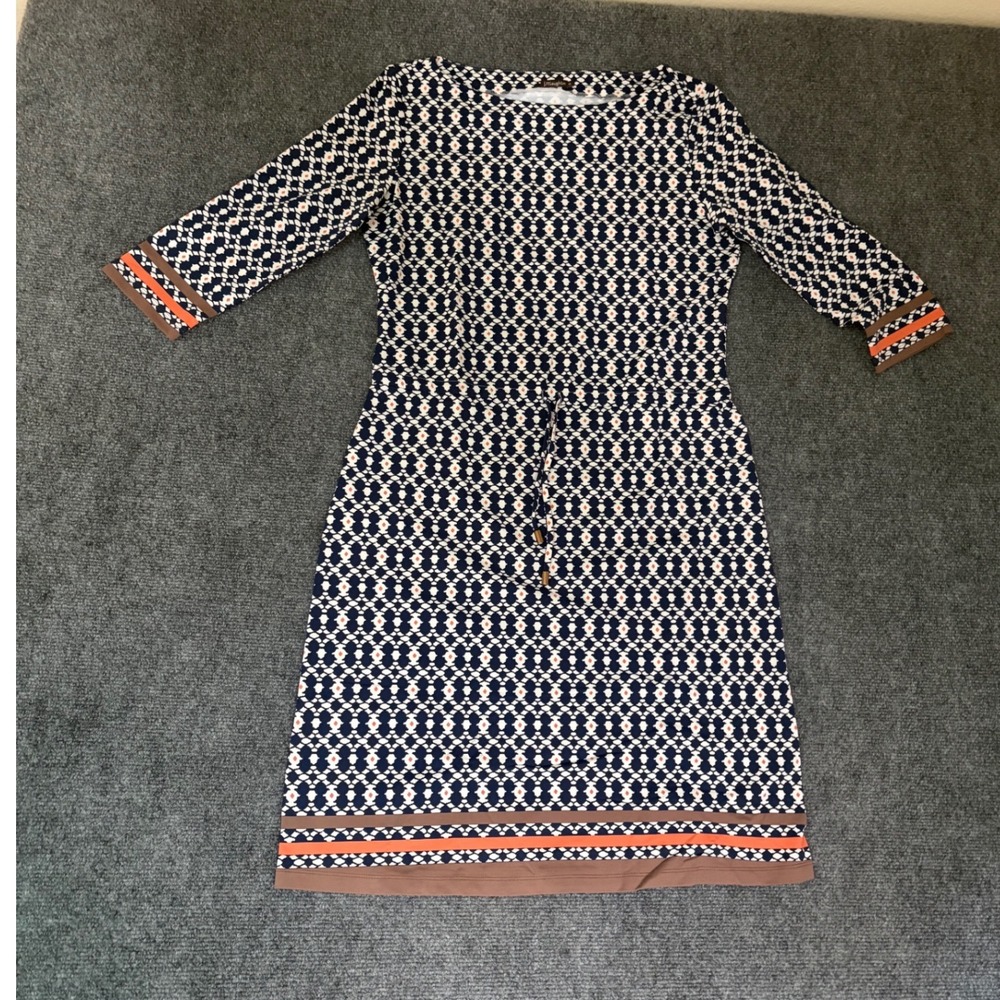J.McLaughlin Geometric Print Knit Sheath Dress Navy Orange‎ White Size M